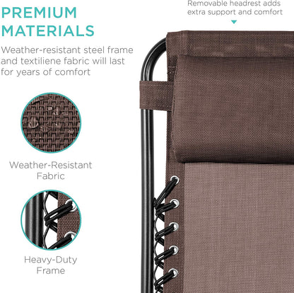 Set of 2 Adjustable Steel Mesh Zero Gravity Lounge Chair Recliners w/Pillows and Cup Holder Trays