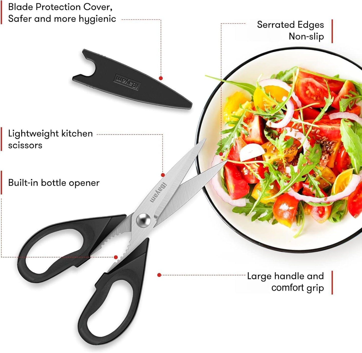 iBayam Kitchen Scissors All Purpose Heavy Duty Meat Poultry Shears, Dishwasher Safe Food Cooking Scissors Stainless Steel Utility Scissors, 2-Pack (Black Red, Black Gray)
