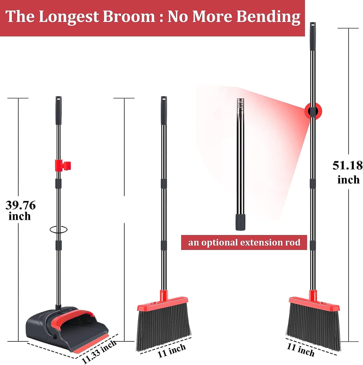 kelamayi Upgrade Stand Up Broom and Dustpan Set, Self-Cleaning with Dustpan Teeth, Ideal for Dog Cat Pets Home Use, Super Long Handle (Gray&Orange)