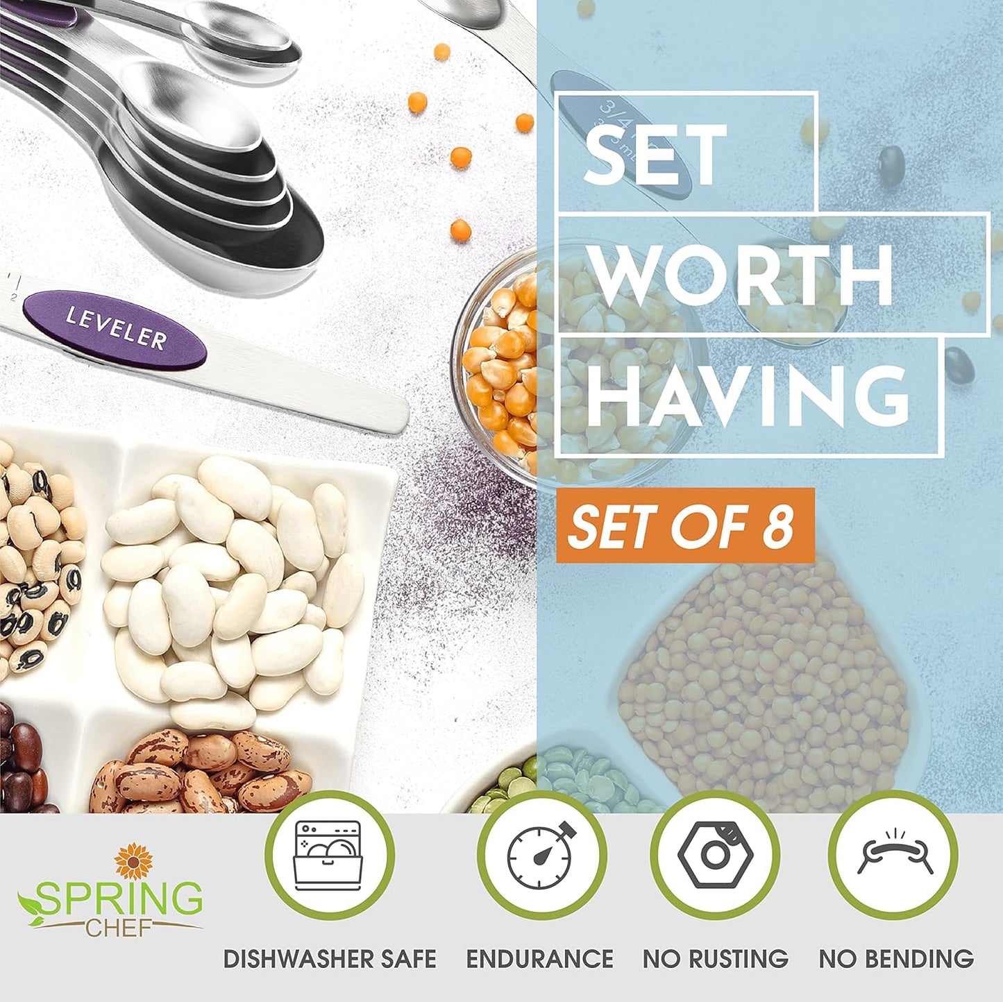 Spring Chef Magnetic Measuring Spoons Set with Strong N45 Magnets, Heavy Duty Stainless Steel Metal, Fits in Most Kitchen Spice Jars for Baking & Cooking, BPA Free, Black, Set of 8 with Leveler