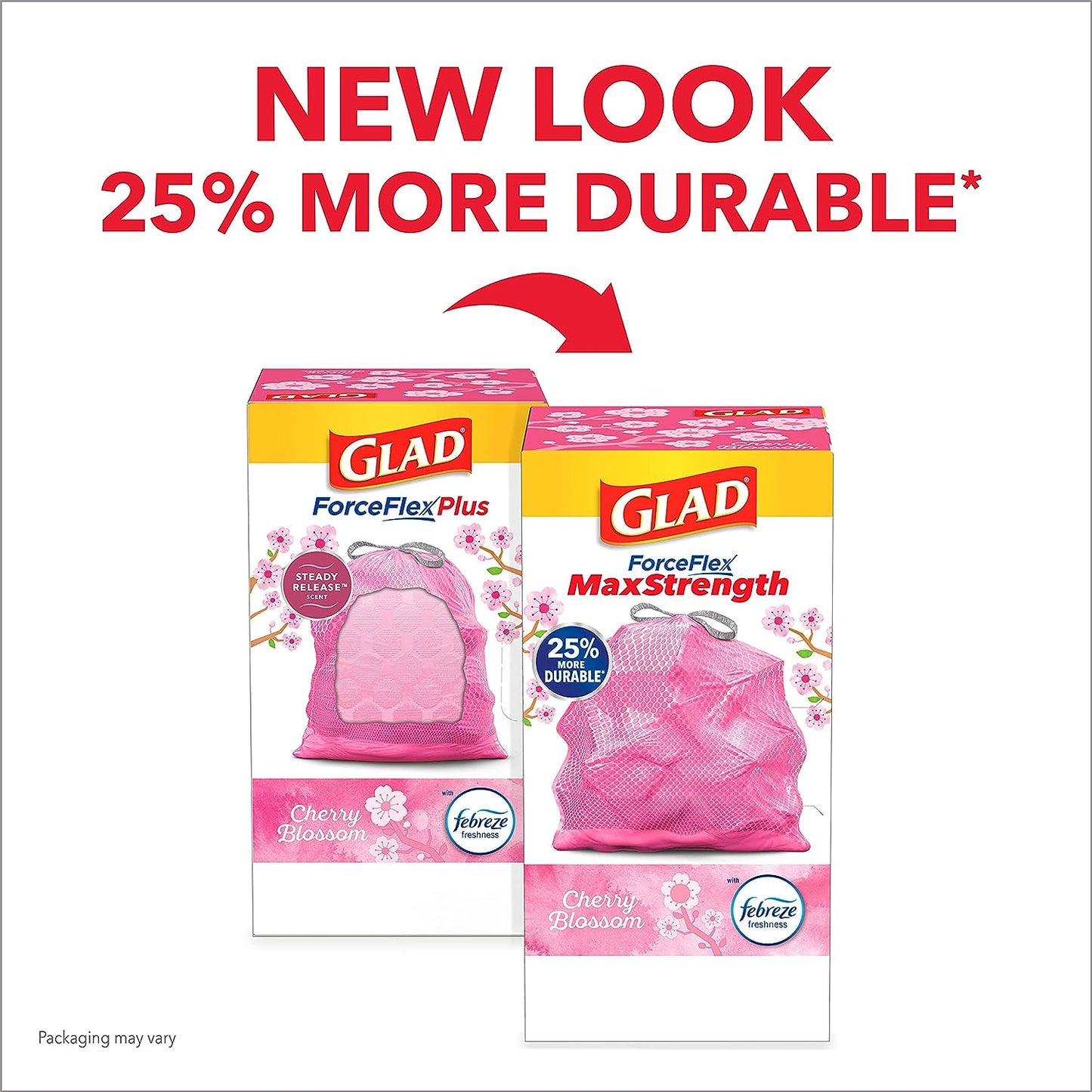 Glad ForceFlex MaxStrength Tall Kitchen Drawstring Trash Bags, 13 Gallon, Cherry Blossom with Febreze Freshness, 90 Count