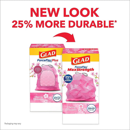 Glad ForceFlex MaxStrength Tall Kitchen Drawstring Trash Bags, 13 Gallon, Cherry Blossom with Febreze Freshness, 90 Count