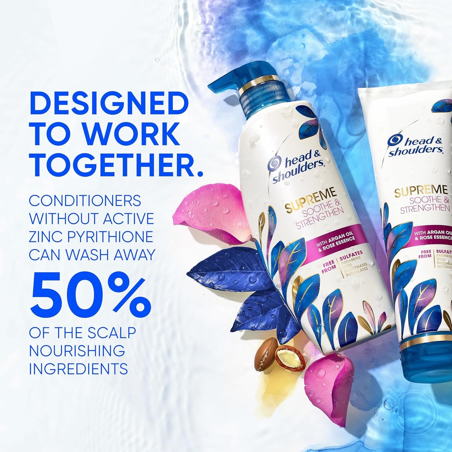 Head & Shoulders Supreme Sulfate Free Shampoo and Conditioner Set for Dry Scalp and Dandruff Treatment, Soothe and Strengthen with Argan Oil and Rose Essence, 21.2 Fl Oz