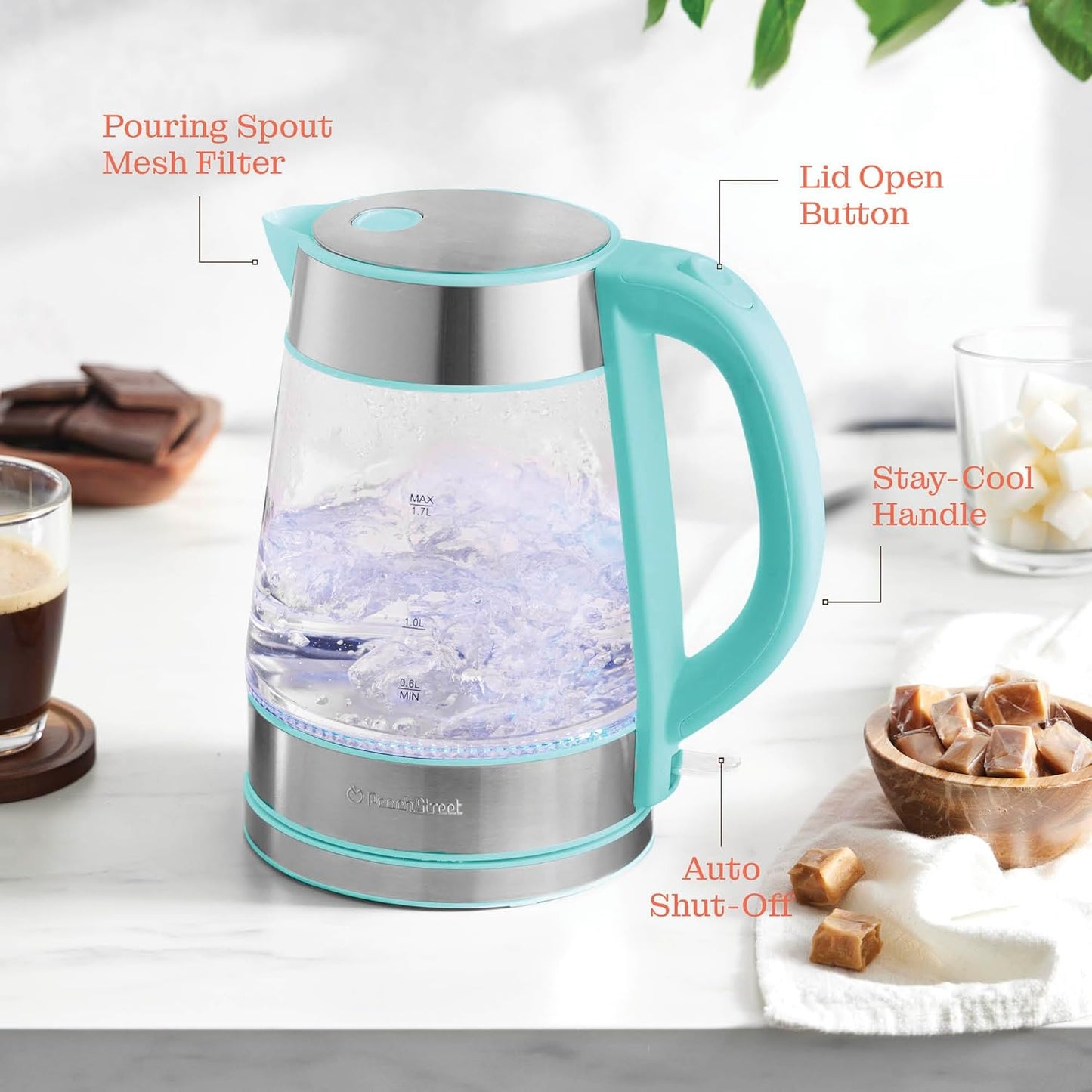 Speed-Boil Electric Kettle For Coffee & Tea - 1.7L Water Boiler 1500W, Borosilicate Glass, Easy Clean Wide Opening, Auto Shut-Off, Cool Touch Handle, LED Light. 360° Rotation, Boil Dry Protection