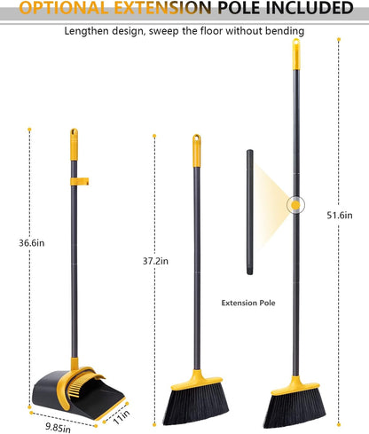 Broom with Dustpan Combo Set, Upgrade Broom and Dustpan Set for Home, 52'' Long Handle Broom and Dustpan Set, Standing Dustpan and Broom for Kitchen Office Lobby Floor