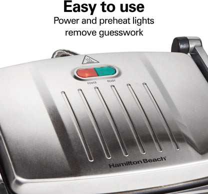 Hamilton Beach Panini Press Sandwich Maker & Electric Indoor Grill with Locking Lid, Opens 180 Degrees for any Thickness for Quesadillas, Burgers & More, Nonstick 8" x 10" Grids, Chrome (25460AG)