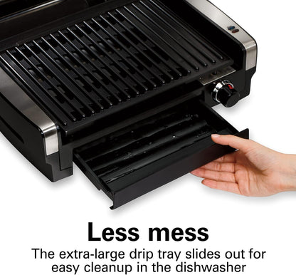 Hamilton Beach Electric Indoor Searing Grill with Viewing Window & Adjustable Temperature Control to 450F, 118 sq. in. Surface Serves 6, Removable Nonstick Grate, Stainless Steel