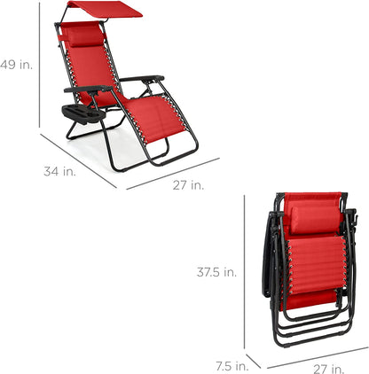 Folding Zero Gravity Outdoor Recliner Patio Lounge Chair w/Adjustable Canopy Shade, Headrest, Side Accessory Tray, Textilene Mesh - Beige