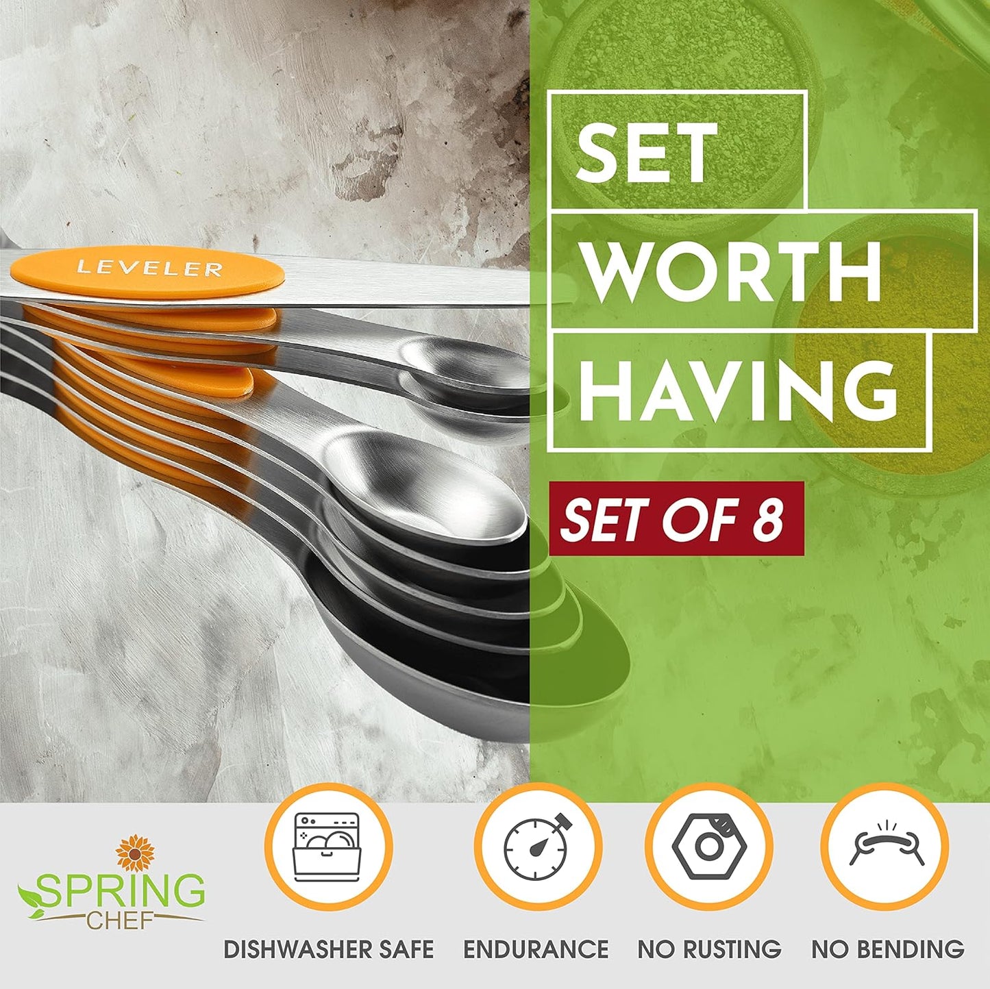 Spring Chef Magnetic Measuring Spoons Set with Strong N45 Magnets, Heavy Duty Stainless Steel Metal, Fits in Most Kitchen Spice Jars for Baking & Cooking, BPA Free, Black, Set of 8 with Leveler