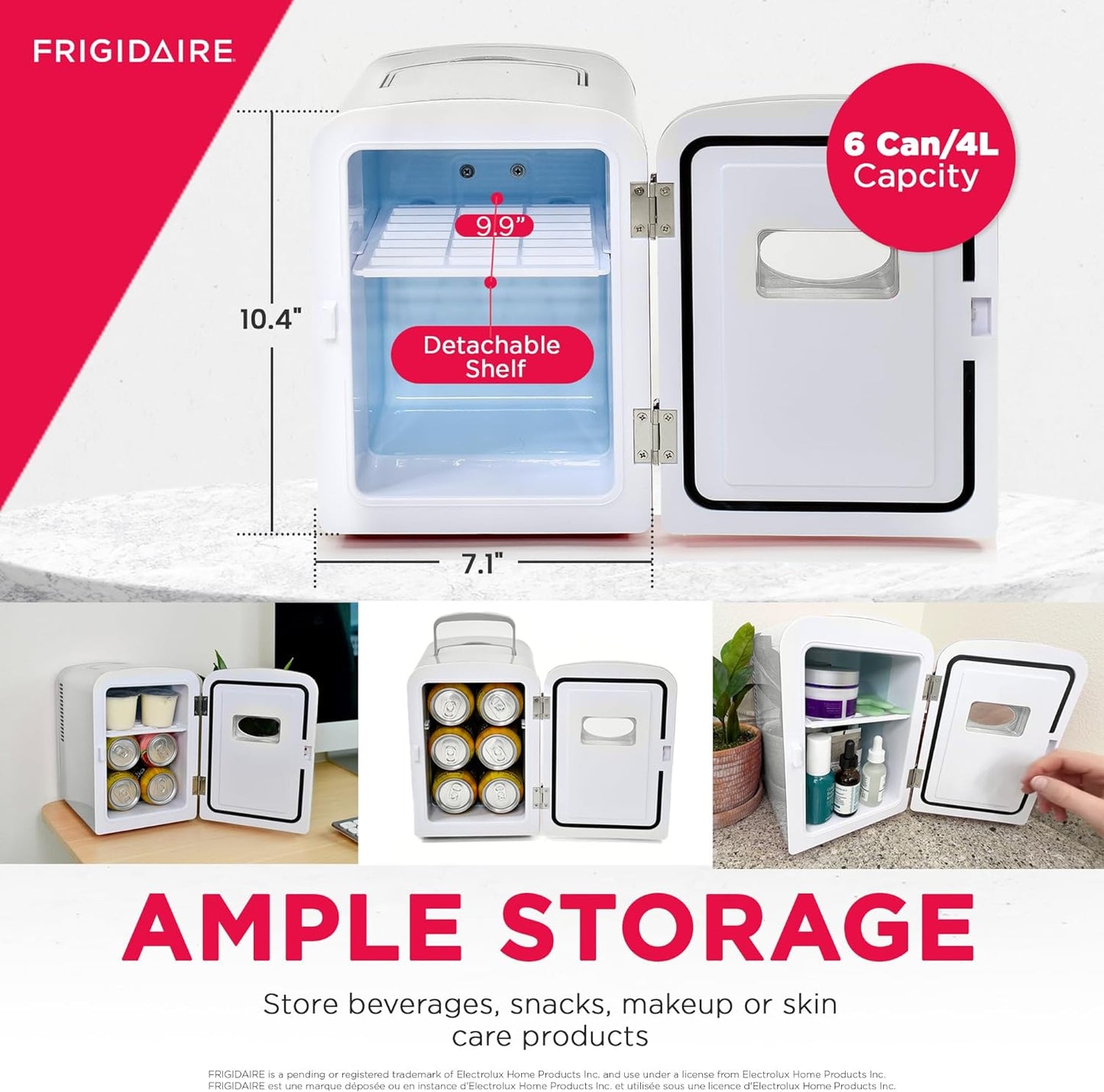 Frigidaire Retro Mini Fridge Cooler, 4L Capacity Chills 6 12oz Cans, 100% Freon-Free & Eco Friendly, Portable Fridge for Car, Office, Bedroom, Dorm Room, or Cabin - 9.84"D x 7.09"W x 10.35"H (Pink)