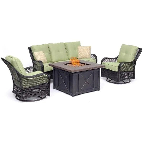 [Copy]4-Piece Woven Steel Patio Fire pit Seating Set with Sahara Sand Cushions, Sofa, Swivel Gliders and Fire pit
