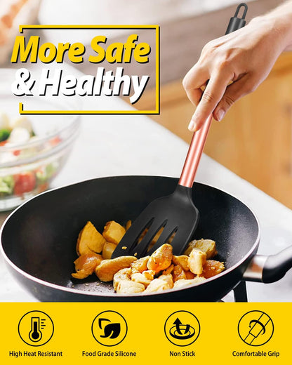 Pack of 2 Silicone Solid Turner,Non Stick Slotted Kitchen Spatulas,High Heat Resistant BPA Free Cooking Utensils,Ideal Cookware for Fish,Eggs,Pancakes (Black)