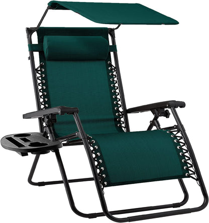 Folding Zero Gravity Outdoor Recliner Patio Lounge Chair w/Adjustable Canopy Shade, Headrest, Side Accessory Tray, Textilene Mesh - Beige