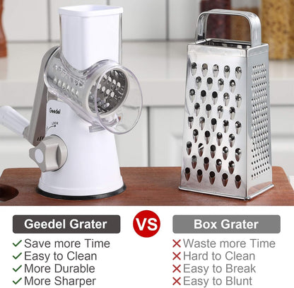 Geedel Rotary Cheese Grater, Kitchen Mandoline Vegetable Slicer with 3 Interchangeable Blades, Easy to Clean Grater for Fruit, Vegetables, Nuts
