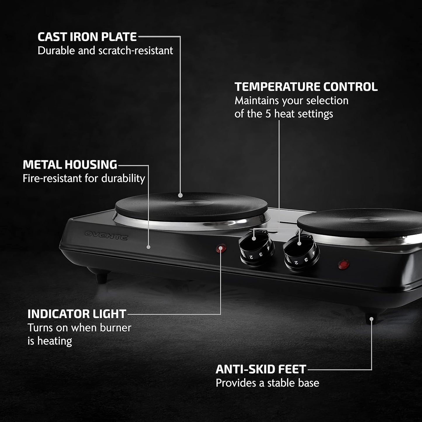 OVENTE Electric Countertop Double Burner, 1700W Cooktop with 7.25" and 6.10" Cast Iron Hot Plates, Temperature Control, Portable Cooking Stove and Easy to Clean Stainless Steel Base, Black BGS102B