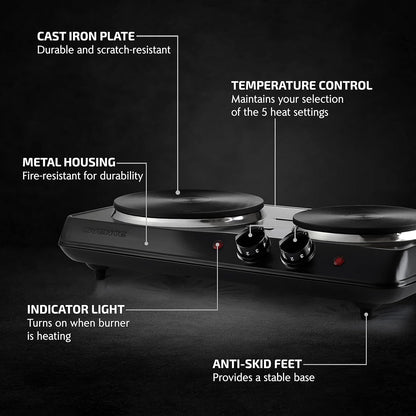 OVENTE Electric Countertop Double Burner, 1700W Cooktop with 7.25" and 6.10" Cast Iron Hot Plates, Temperature Control, Portable Cooking Stove and Easy to Clean Stainless Steel Base, Black BGS102B