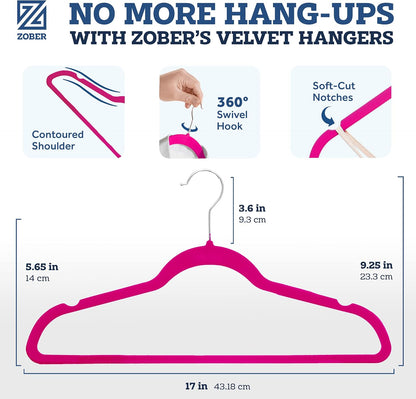 Zober Velvet Hangers 50 Pack - Heavy Duty Black Hangers for Coats, Pants & Dress Clothes - Non Slip Clothes Hanger Set - Space Saving Felt Hangers for Clothing