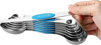 Spring Chef Magnetic Measuring Spoons Set with Strong N45 Magnets, Heavy Duty Stainless Steel Metal, Fits in Most Kitchen Spice Jars for Baking & Cooking, BPA Free, Black, Set of 8 with Leveler