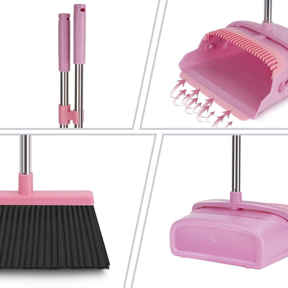 kelamayi Upgrade Stand Up Broom and Dustpan Set, Self-Cleaning with Dustpan Teeth, Ideal for Dog Cat Pets Home Use, Super Long Handle (Gray&Orange)