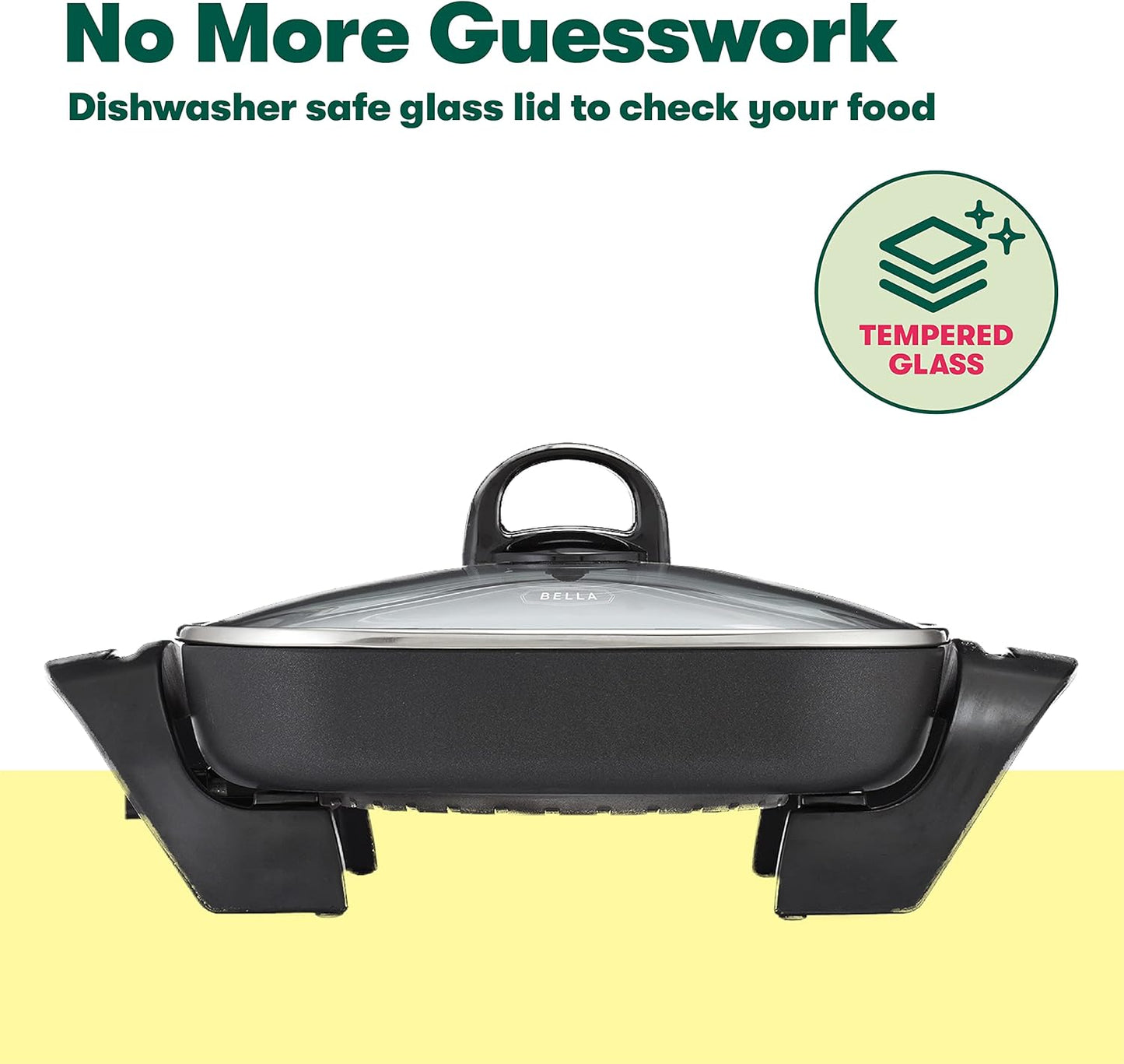 BELLA Electric Skillet and Frying Pan with Glass Lid, Nonstick Coating, Cool Touch Handles, Removable Heating Probe, Dishwasher Safe, 12 x 12 inch, Copper