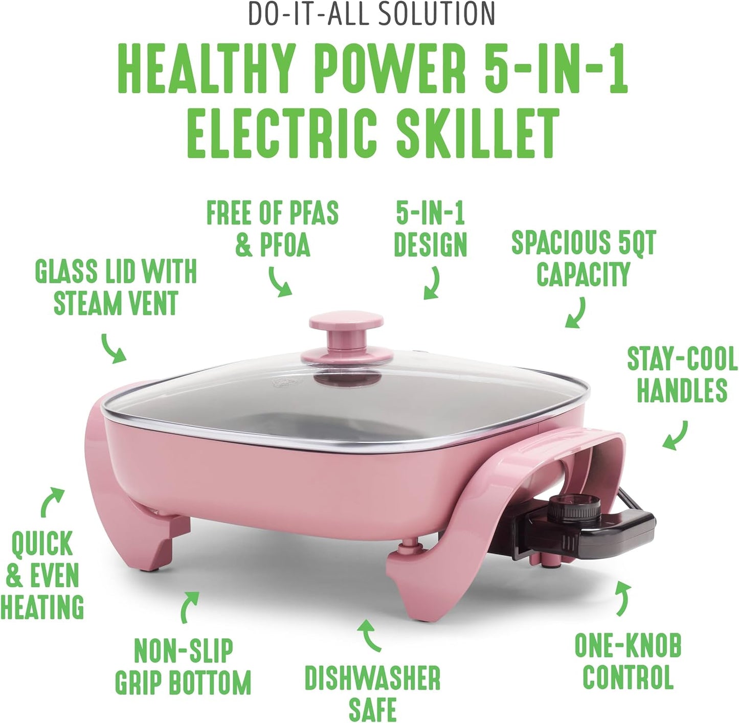 GreenLife 12" 5QT Square Electric Skillet, Glass Vented Lid, Ceramic PFAS-Free Nonstick Interior, Adjustable Temperature Control, Cool Touch Handles, Quick Even Heating, Scratch Resistant, Turquoise