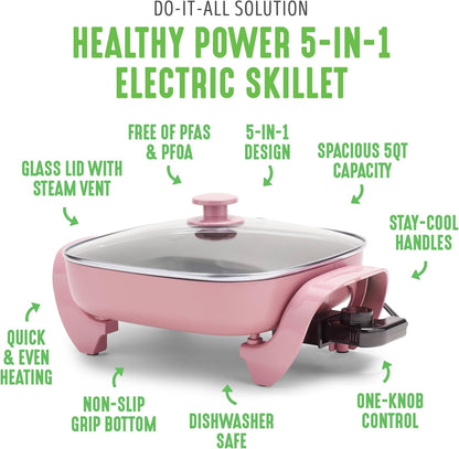 GreenLife 12" 5QT Square Electric Skillet, Glass Vented Lid, Ceramic PFAS-Free Nonstick Interior, Adjustable Temperature Control, Cool Touch Handles, Quick Even Heating, Scratch Resistant, Turquoise