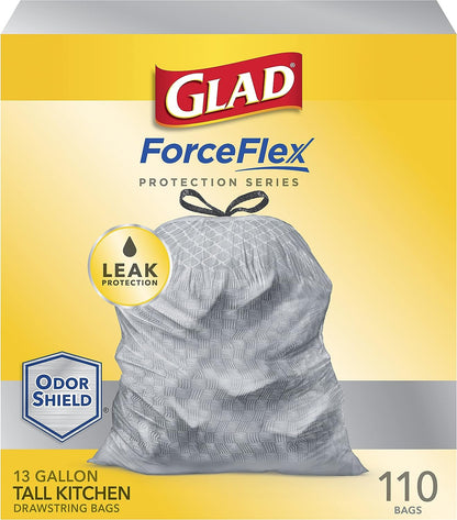 GLAD ForceFlex Tall Kitchen Drawstring Trash Bags, 13 Gallon Grey Trash Bag for Kitchen Trash Can, Odor Shield, Odor Eliminator and Leak Protection, 110 Count