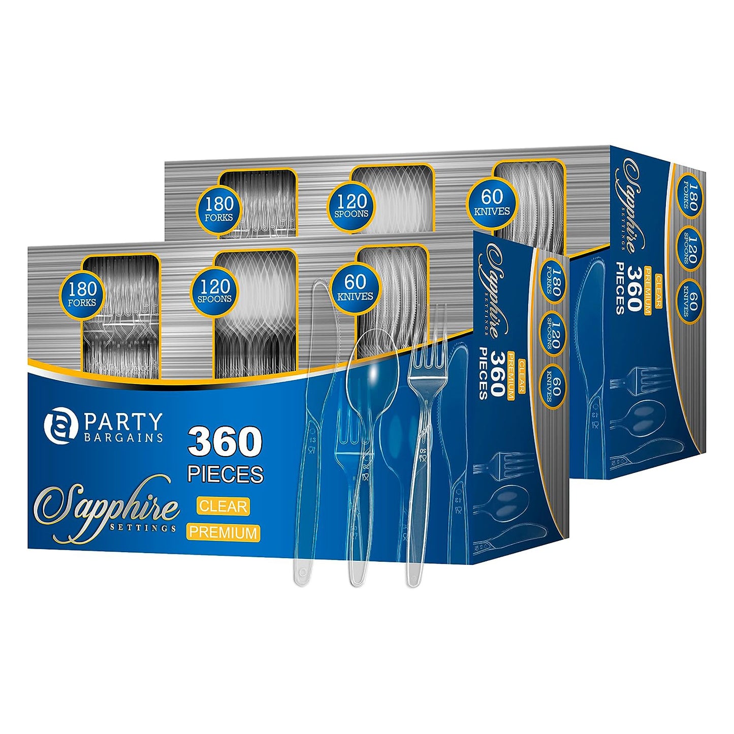Party Bargains Disposable Cutlery set, SAPPHIRE Design, Clear Color, 360 Pieces: 180 Forks, 120 Spoons, 60 Knives