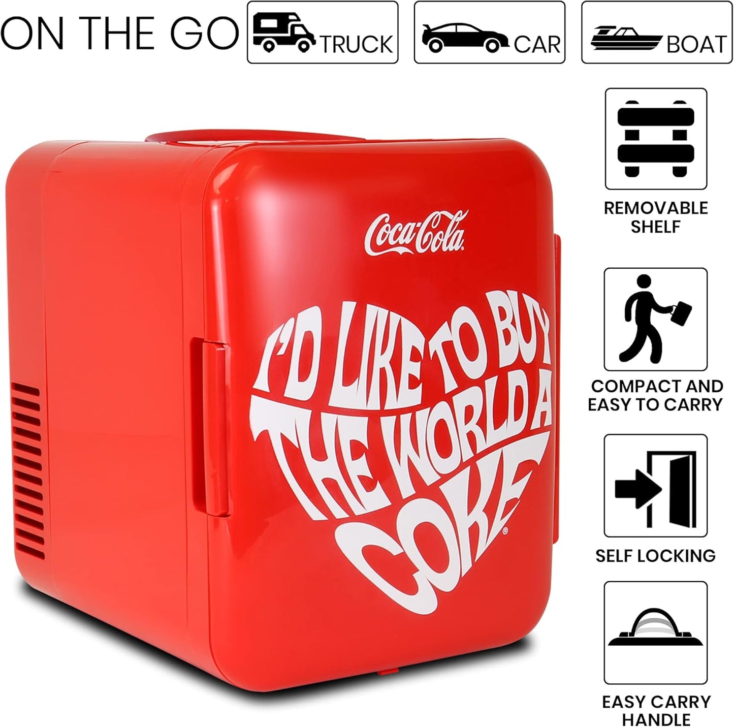 Coca-Cola Classic Coke Bottle 4L Mini Fridge w/ 12V DC and 110V AC Cords, 6 Can Portable Cooler, Personal Travel Refrigerator for Snacks Lunch Drinks Cosmetics, Desk Home Office Dorm, Red