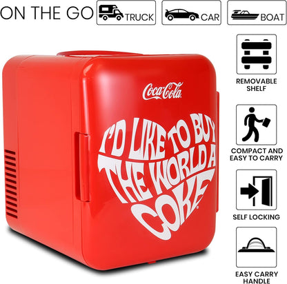 Coca-Cola Classic Coke Bottle 4L Mini Fridge w/ 12V DC and 110V AC Cords, 6 Can Portable Cooler, Personal Travel Refrigerator for Snacks Lunch Drinks Cosmetics, Desk Home Office Dorm, Red