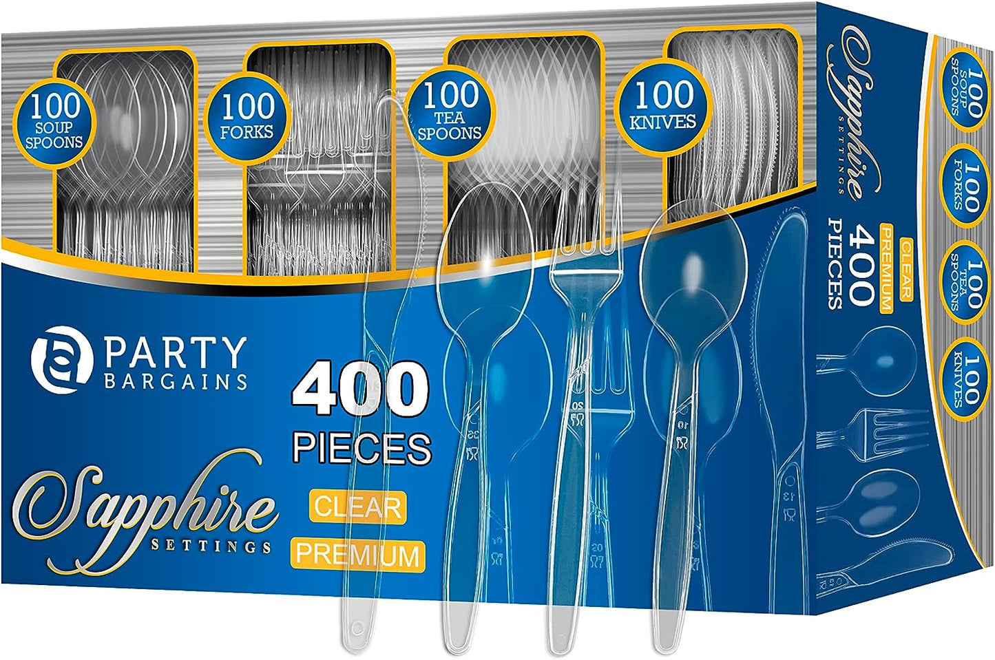 Party Bargains Disposable Cutlery set, SAPPHIRE Design, Clear Color, 360 Pieces: 180 Forks, 120 Spoons, 60 Knives