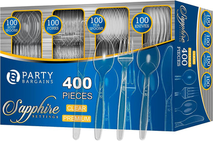 Party Bargains Disposable Cutlery set, SAPPHIRE Design, Clear Color, 360 Pieces: 180 Forks, 120 Spoons, 60 Knives