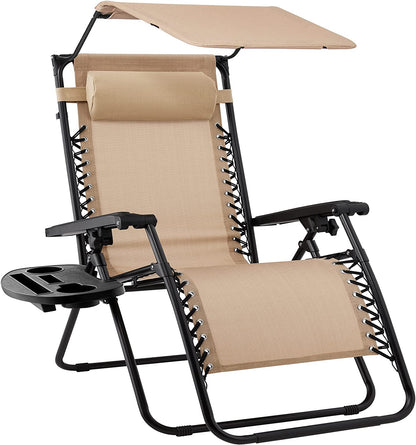 Folding Zero Gravity Outdoor Recliner Patio Lounge Chair w/Adjustable Canopy Shade, Headrest, Side Accessory Tray, Textilene Mesh - Beige