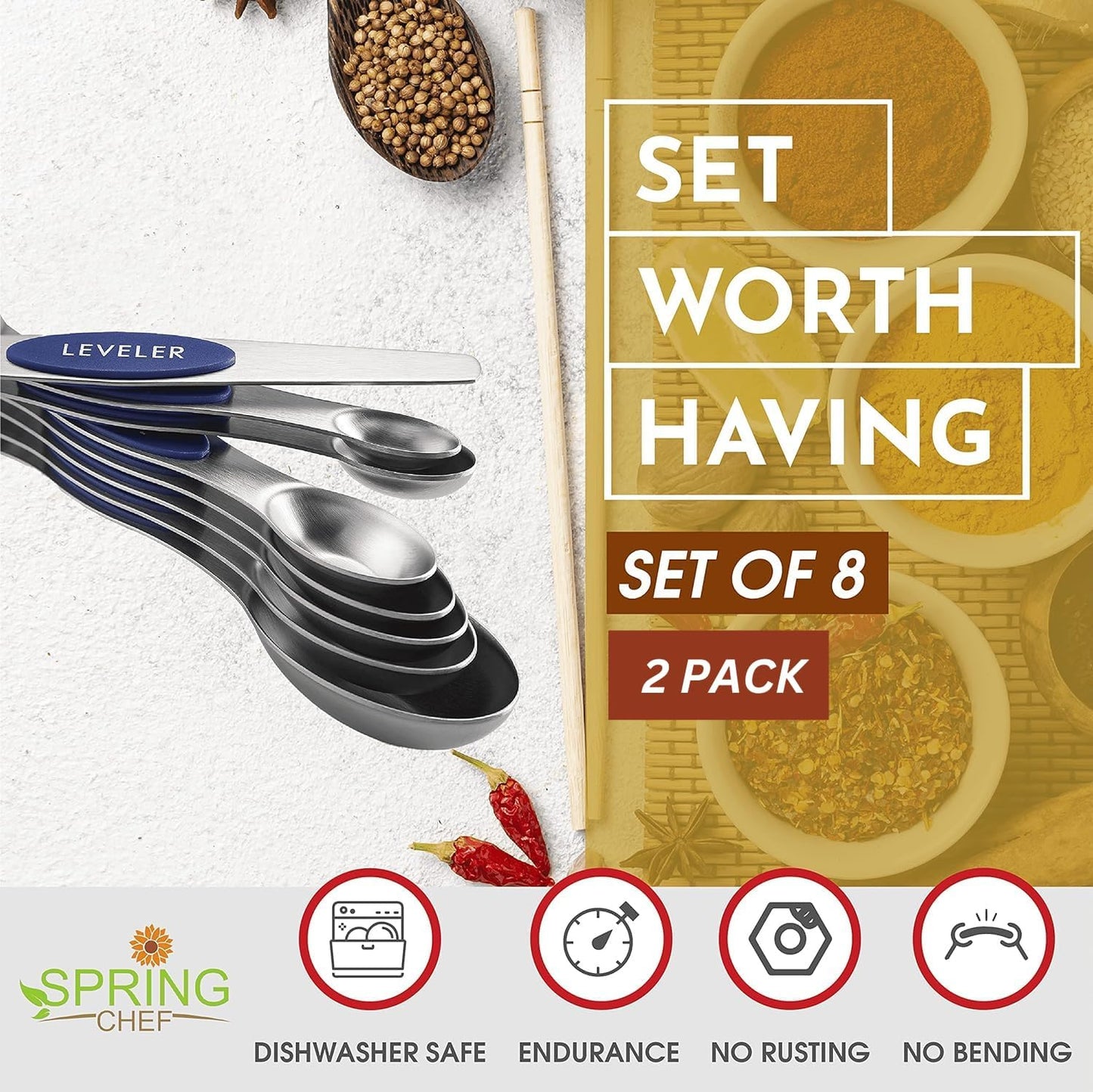Spring Chef Magnetic Measuring Spoons Set with Strong N45 Magnets, Heavy Duty Stainless Steel Metal, Fits in Most Kitchen Spice Jars for Baking & Cooking, BPA Free, Black, Set of 8 with Leveler