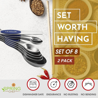 Spring Chef Magnetic Measuring Spoons Set with Strong N45 Magnets, Heavy Duty Stainless Steel Metal, Fits in Most Kitchen Spice Jars for Baking & Cooking, BPA Free, Black, Set of 8 with Leveler