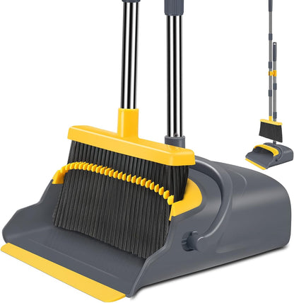 kelamayi Upgrade Stand Up Broom and Dustpan Set, Self-Cleaning with Dustpan Teeth, Ideal for Dog Cat Pets Home Use, Super Long Handle (Gray&Orange)
