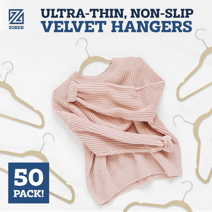 Zober Velvet Hangers 50 Pack - Heavy Duty Black Hangers for Coats, Pants & Dress Clothes - Non Slip Clothes Hanger Set - Space Saving Felt Hangers for Clothing