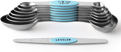 Spring Chef Magnetic Measuring Spoons Set with Strong N45 Magnets, Heavy Duty Stainless Steel Metal, Fits in Most Kitchen Spice Jars for Baking & Cooking, BPA Free, Black, Set of 8 with Leveler