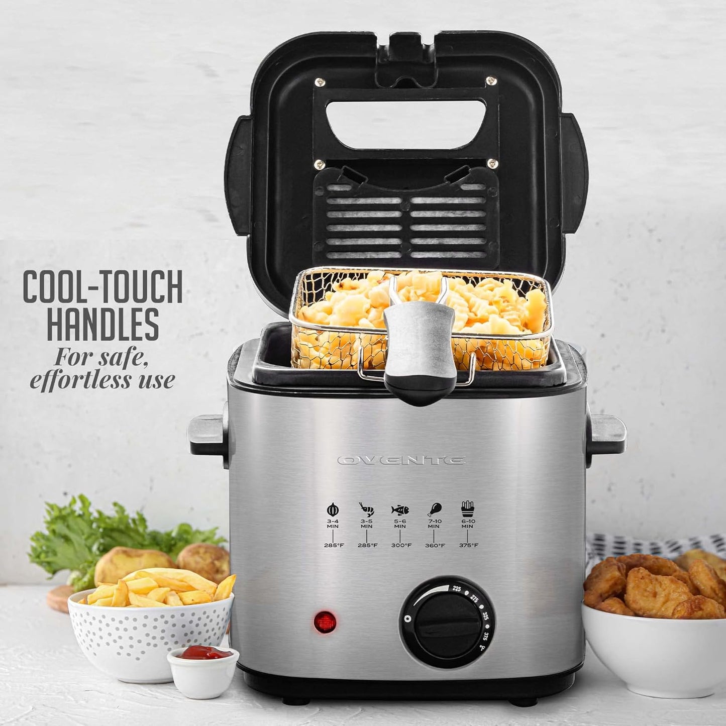 OVENTE Electric Deep Fryer 2 Liter Capacity, 1500 Watt Lid with Viewing Window and Odor Filter, Adjustable Temperature, Removable Frying Basket and Easy to Clean Stainless Steel Body, Silver FDM2201BR