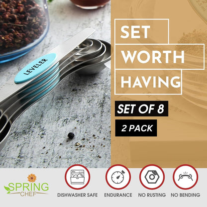 Spring Chef Magnetic Measuring Spoons Set with Strong N45 Magnets, Heavy Duty Stainless Steel Metal, Fits in Most Kitchen Spice Jars for Baking & Cooking, BPA Free, Black, Set of 8 with Leveler