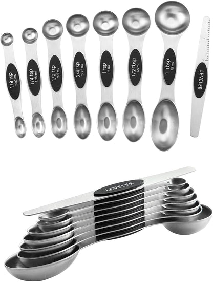 Spring Chef Magnetic Measuring Spoons Set with Strong N45 Magnets, Heavy Duty Stainless Steel Metal, Fits in Most Kitchen Spice Jars for Baking & Cooking, BPA Free, Black, Set of 8 with Leveler