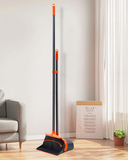 Broom with Dustpan Combo Set, Upgrade Broom and Dustpan Set for Home, 52'' Long Handle Broom and Dustpan Set, Standing Dustpan and Broom for Kitchen Office Lobby Floor