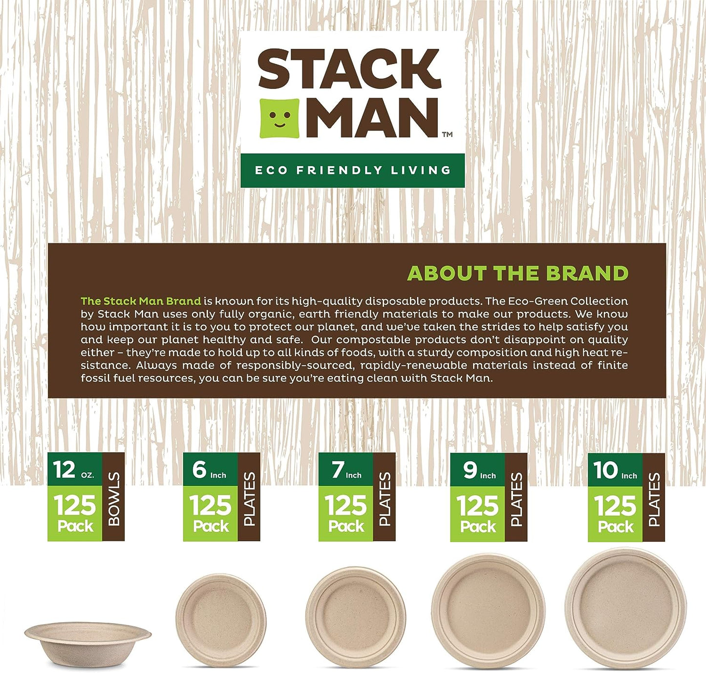 Paper Plates, 100% Compostable Heavy Duty Disposable Plate - [125-Pack] - {PFAS-Free} - {BPI Certified} - [9 Inch] Eco-Friendly, Biodegradable Bagasse Natural Brown 9" Dinner Plates - By Stack Man