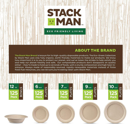 Paper Plates, 100% Compostable Heavy Duty Disposable Plate - [125-Pack] - {PFAS-Free} - {BPI Certified} - [9 Inch] Eco-Friendly, Biodegradable Bagasse Natural Brown 9" Dinner Plates - By Stack Man