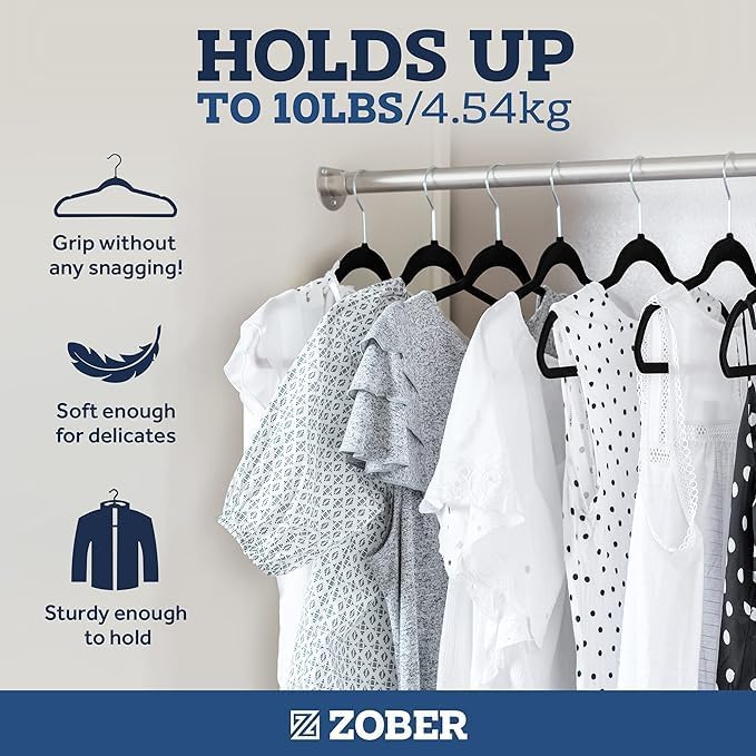 Zober Velvet Hangers 50 Pack - Heavy Duty Black Hangers for Coats, Pants & Dress Clothes - Non Slip Clothes Hanger Set - Space Saving Felt Hangers for Clothing
