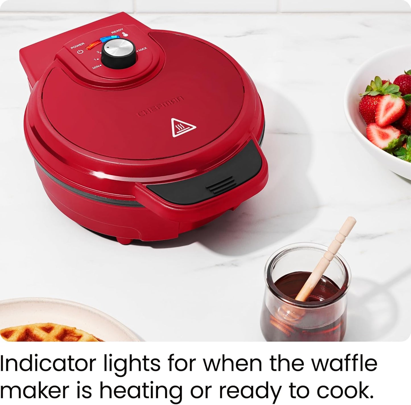 Chefman Anti-Overflow Belgian Waffle Maker w/Shade Selector, Temperature Control, Mess Free Moat, Round Iron w/Nonstick Plates & Cool Touch Handle, Measuring Cup Included, Black