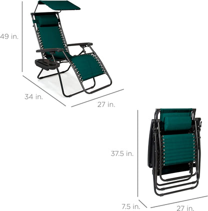 Folding Zero Gravity Outdoor Recliner Patio Lounge Chair w/Adjustable Canopy Shade, Headrest, Side Accessory Tray, Textilene Mesh - Beige