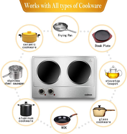 CUSIMAX Electric Hot Plate for Cooking Portable Single Burner 1500W Cast Iron hot plates Heat-up in Seconds Adjustable Temperature Control Stainless Steel Non-Slip Rubber Feet Upgraded Version B101