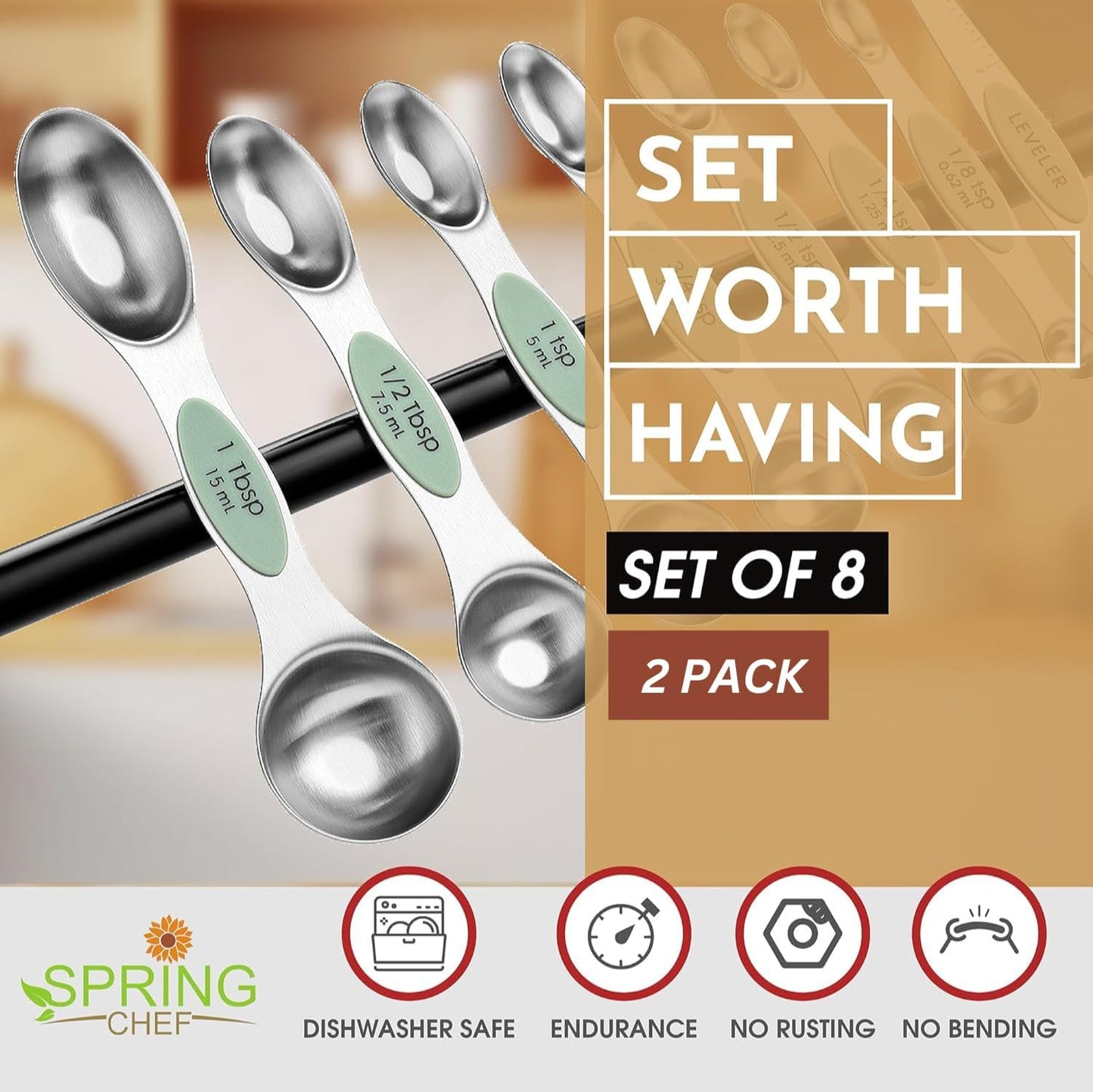Spring Chef Magnetic Measuring Spoons Set with Strong N45 Magnets, Heavy Duty Stainless Steel Metal, Fits in Most Kitchen Spice Jars for Baking & Cooking, BPA Free, Black, Set of 8 with Leveler