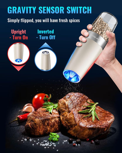 Sweet Alice Gravity Electric Pepper and Salt Grinder Set, Adjustable Coarseness, Battery Powered with LED Light, One Hand Automatic Operation, Stainless Steel Black, 2 Pack